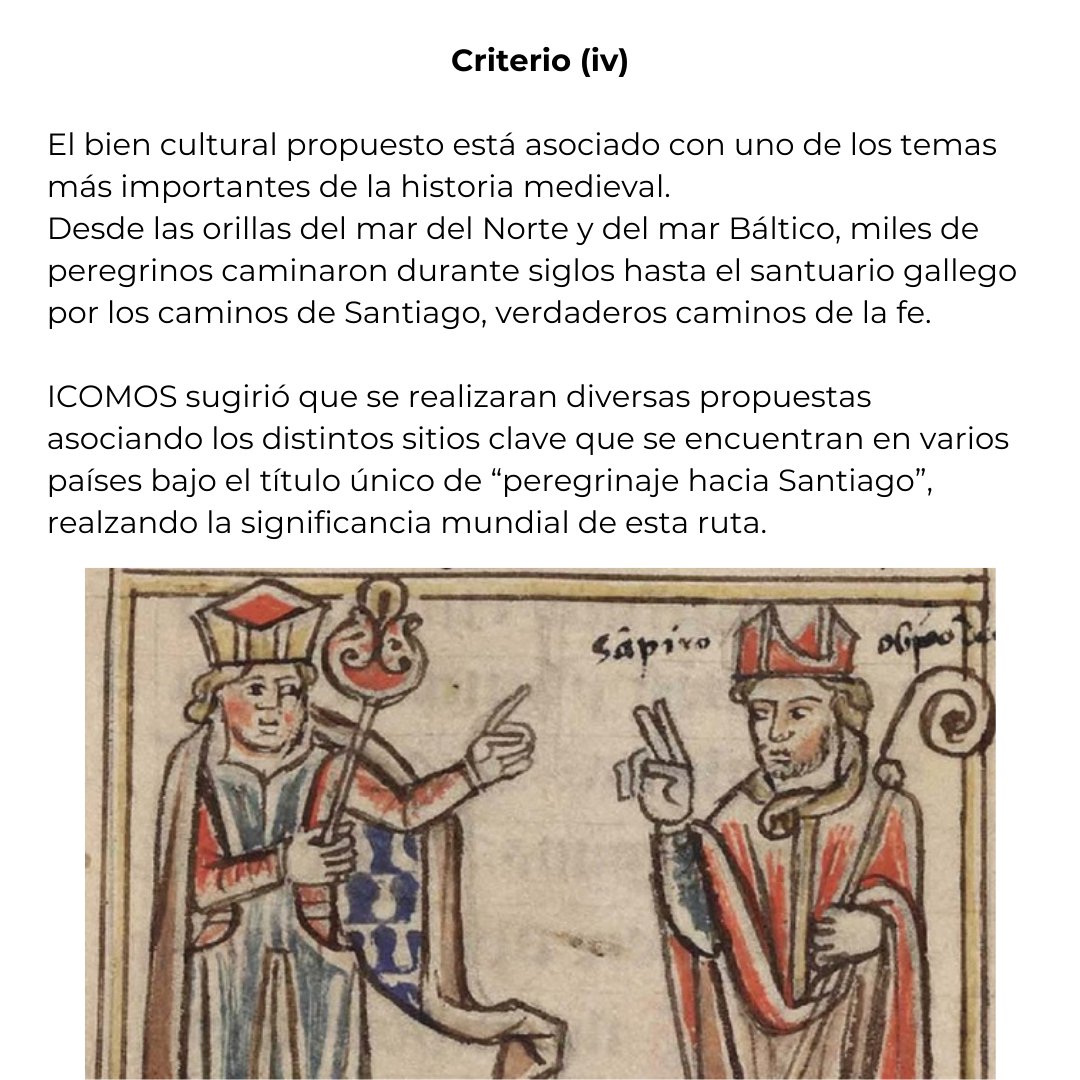 🧵Hoy es miércoles, ¡revisemos el #PatrimonioMundialEnEspaña!

Veamos la inscripción en la #ListaDelPatrimonioMundial de la Ciudad vieja de #SantiagoDeCompostela (1985).

Su inclusión se fundamentó en los criterios (i), (ii) y (iv), que resumen las diapositivas (👀📑)

Sigue 👉