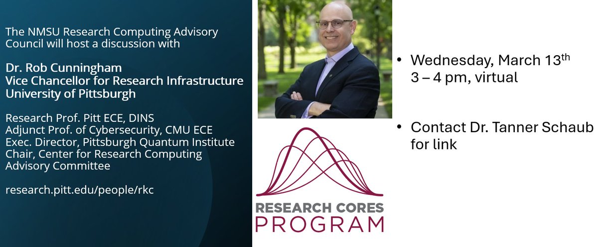 ONE WEEK! Join the NMSU Research Computing Advisory Council as we host a led discussion with Dr. Rob Cunningham, VC for Research Infrastructure <a href="/PittResearch/">PittResearch</a>. Get involved with building NMSU research computing!