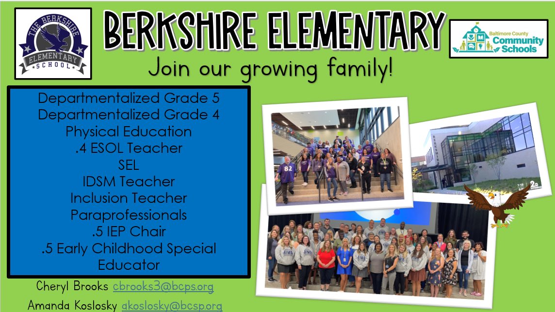 MsUhland's tweet photo. Our Berkshire's staff family is growing! Join our dedicated team, we are committed to our students, families, and community. 💚🦅 https://t.co/OoWq6KLeEV