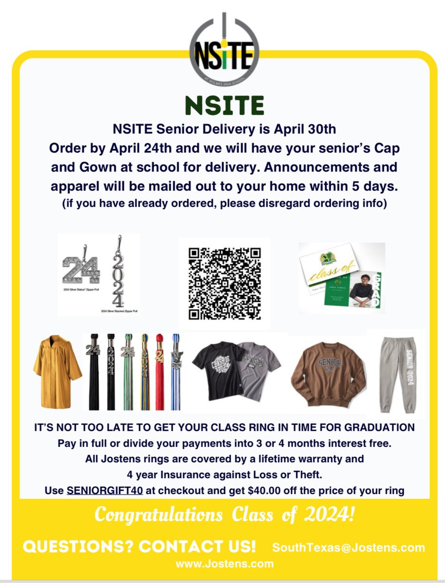 NSITE Seniors! Your gold graduation cap and gown will be delivered to school on April 30th. Order by April 24th to make sure your cap and gown arrives on the 30th. 💡