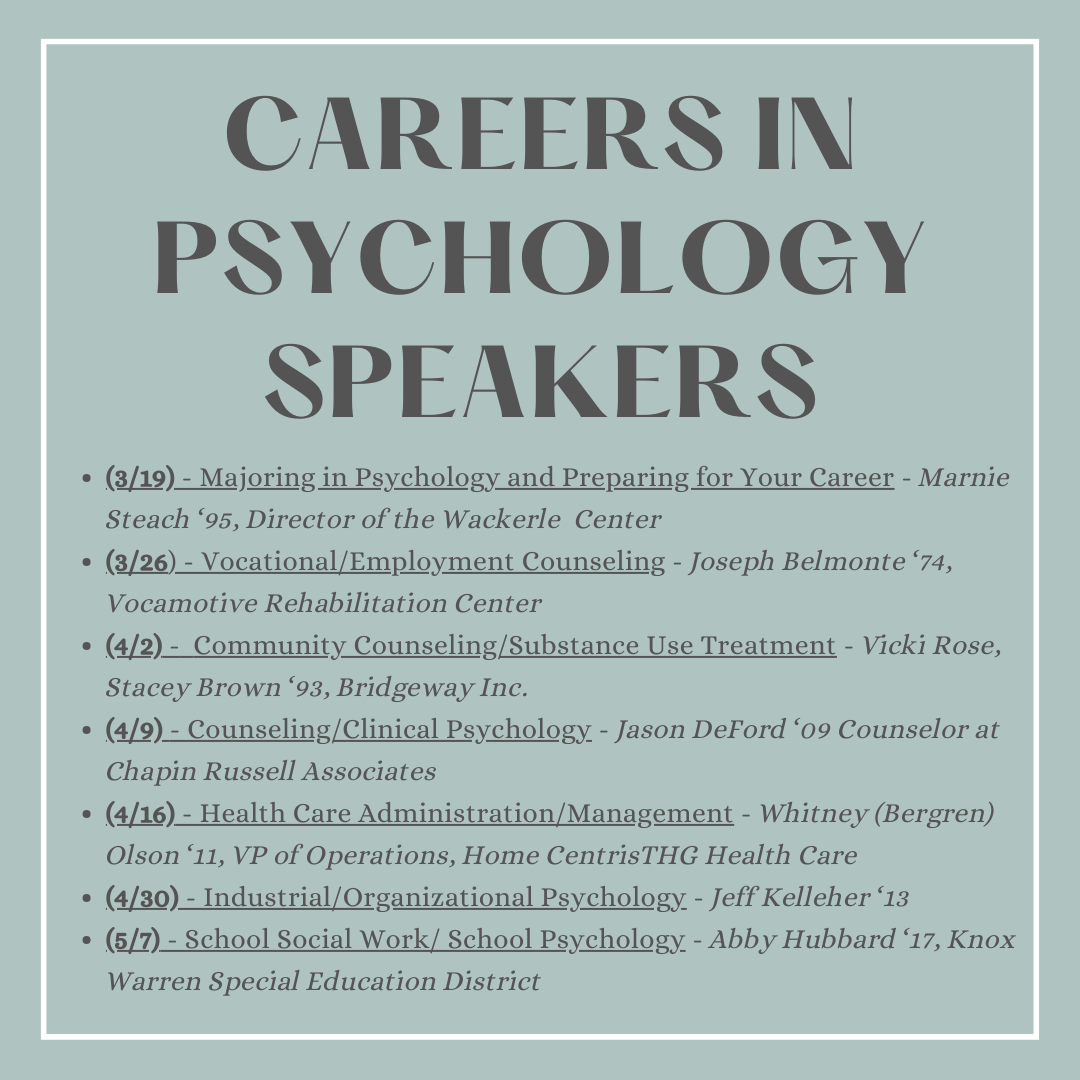 WackerleCenter's tweet photo. Interested in a career in Psychology? Psychology Professionals presenting EVERY TUESDAY for the next two months! Open to all! https://t.co/7sY8PCL90e