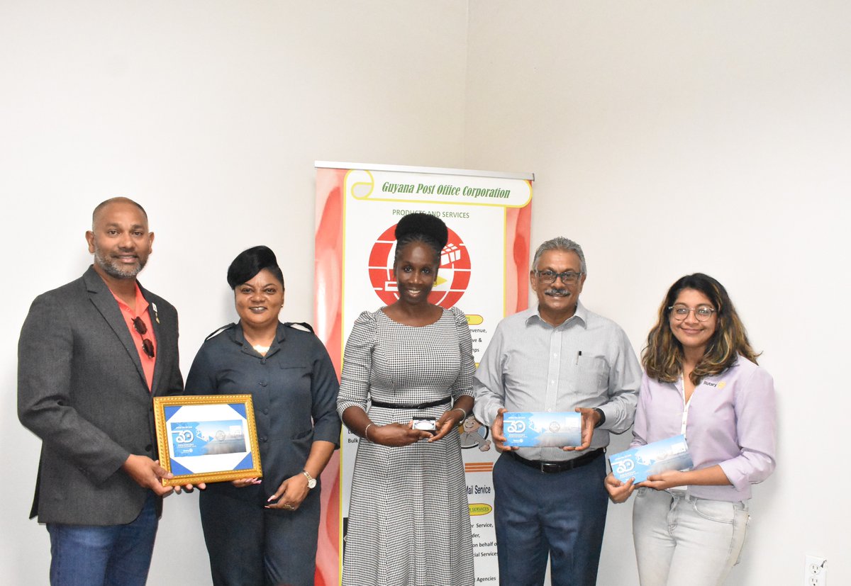 GuyanaPost's tweet photo. The Guyana Post Office Corporation and the Rotary Club of Demerara have officially launched a commemorative stamp in honor of the Club's 30th anniversary. The stamps feature the Club's logo, Areas of Focus, and the 2023-2024 Rotary Theme, "Create Hope in the World."
#GPOC
#Stamps https://t.co/PjY3ExAZd7