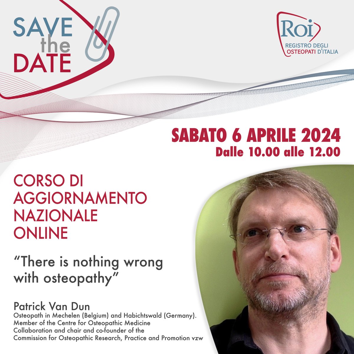 #SaveTheDate
Aperte le iscrizioni al corso di aggiornamento nazionale online “There is nothing wrong with osteopathy” a cura di Patrick Van Dun.
La partecipazione è gratuita e riservata ai #SociROI: registro-osteopati-italia.com/events/corso-d…
#osteopatia #osteopati