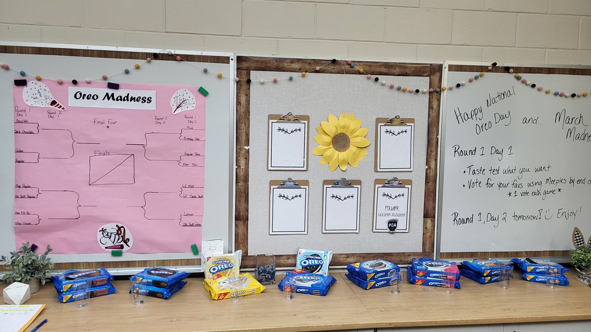 KruseES's tweet photo. #NationalOreoDay meets #MarchMadness in the staff breakroom today!  What is your favorite flavor?  
More importantly - do you eat the middle first?!? https://t.co/flDtDh64Ni