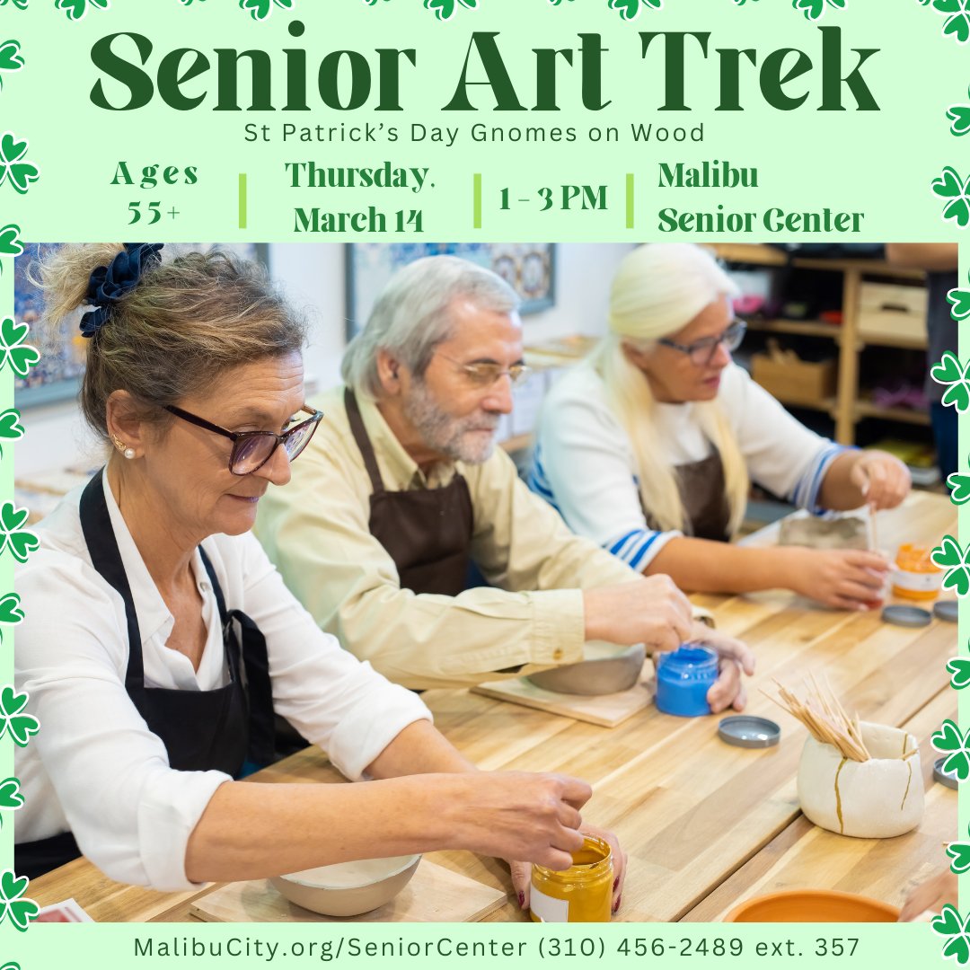 MalibuCSD's tweet photo. 🍀🎨SENIOR ART TREK – Get ready for St. Patrick’s Day and join instructor, Lorelle Patterson, to design St. Patrick’s Day Gnomes using wood materials. For more information, visit https://t.co/FA4zDcB4fm. #arttrek #seniorprograms #malibu https://t.co/ewWT8hxOCs