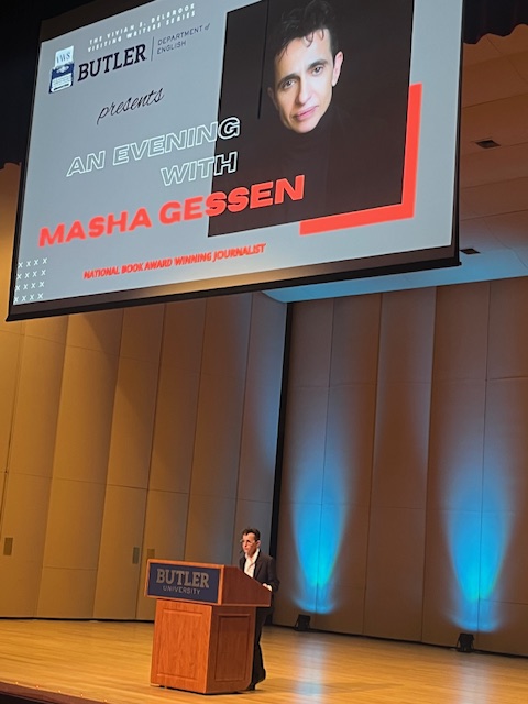 VWS_at_Butler's tweet photo. Thank you National Book Award-winning journalist Masha Gessen for a wonderful visit to Butler last week! Be sure to join us for our next VWS event on March 21 when Tiana Clark takes the stage at Shelton Auditorium @ 7:30PM. https://t.co/6Ar7Sk3OvO