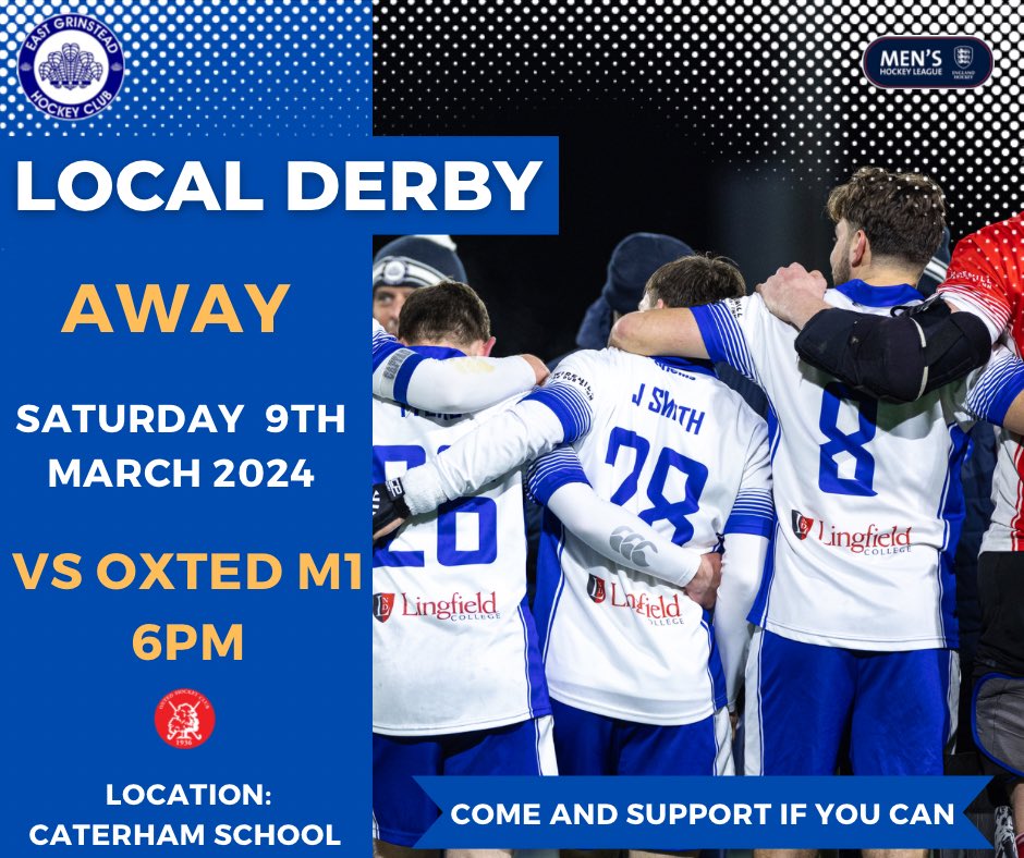 eghockeyclub's tweet photo. 🔵 Saturday Derby Day 🔵 
•
Our Men’s team play AWAY to local rivals @OxtedHC on Saturday in their bid to secure a Top 8 spot 👍
•
We would love to see an EGHC contingent make the short trip as this fixture never normally disappoints so head over if you can👊🏻!! 
Bring the noise!! 💙
•
✔️EGHC M1s v Oxted M1s 
✔️Saturday 9th March 
⏰6pm pushback, AWAY 
📍Caterham School, CR3 6YA 

#oneclub #ourclub #bringthenoise #EHL 

@eg_faithful @TheHockeyPaper @TheMeridianSS @EnglandHockey @hockeyfocus_