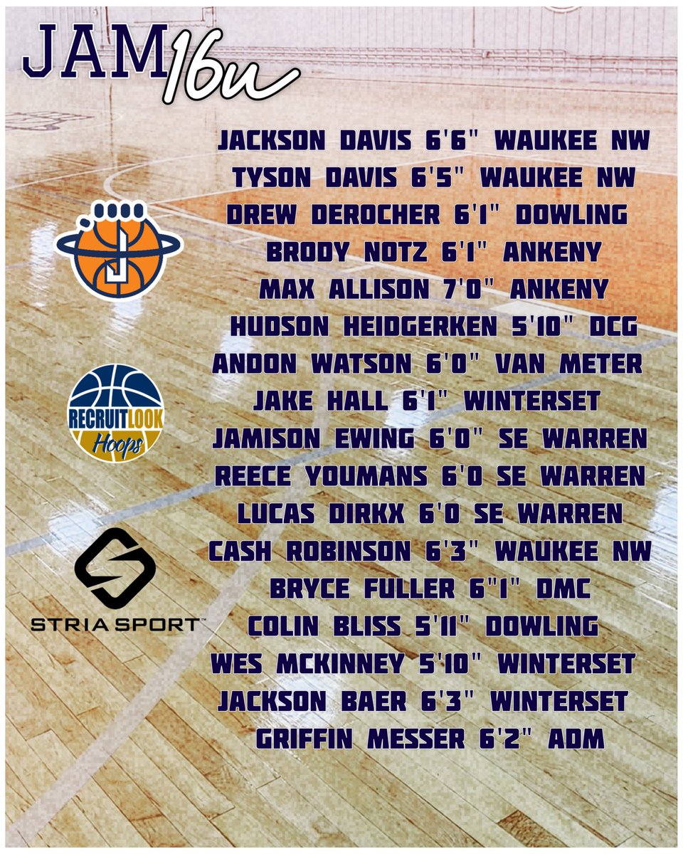 Waukee JAM Basketball Club (@waukeejam) on Twitter photo 16U roster drop! It's going to be a great Spring/Summer for our 2 squads.
<a href="/Jackson_Davis9/">Jackson Davis</a> @TysonDa36181629 <a href="/drewderocher24/">Drew DeRocher</a> <a href="/NotzBrody/">Brody Notz</a> <a href="/AndonWatson/">Andon Watson</a> <a href="/wesmckinney21/">Wesley Mckinney</a> <a href="/ColinBliss_1/">Colin Bliss</a> <a href="/JamEwing/">Jamison Ewing</a> <a href="/hudsonheid/">Hudson Heidgerken</a> @MesserGrif69993 <a href="/JacksonBaer00/">Jackson Baer</a>
<a href="/PrepHoopsIA/">Prep Hoops Iowa</a> @NXTPROIA <a href="/tonysroe/">Tony Roe</a> 16U roster drop! It's going to be a great Spring/Summer for our 2 squads.
<a href="/Jackson_Davis9/">Jackson Davis</a> @TysonDa36181629 <a href="/drewderocher24/">Drew DeRocher</a> <a href="/NotzBrody/">Brody Notz</a> <a href="/AndonWatson/">Andon Watson</a> <a href="/wesmckinney21/">Wesley Mckinney</a> <a href="/ColinBliss_1/">Colin Bliss</a> <a href="/JamEwing/">Jamison Ewing</a> <a href="/hudsonheid/">Hudson Heidgerken</a> @MesserGrif69993 <a href="/JacksonBaer00/">Jackson Baer</a>
<a href="/PrepHoopsIA/">Prep Hoops Iowa</a> @NXTPROIA <a href="/tonysroe/">Tony Roe</a>