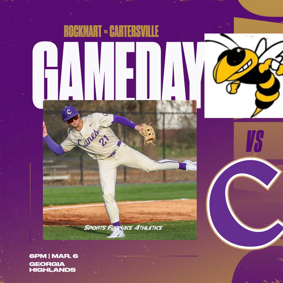 It’s Game Day in Cartersville! 5A #1 Cartersville takes on 2A #8 Rockmart at 6:00PM. The game has been moved to Georgia Highlands. Thank you Charger Baseball for your hospitality!