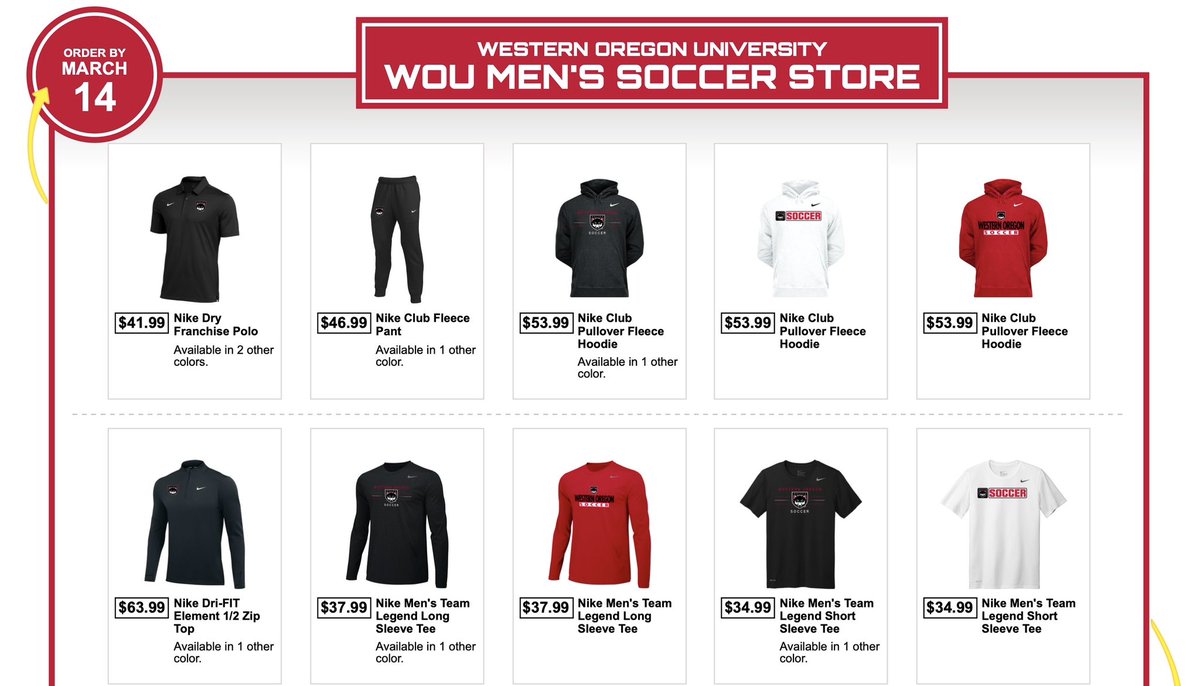 Western Oregon Men’s Soccer Team Store Now Open! Only open for 10 Days! 
Ends March 14th! Don’t miss your chance to get Western Oregon Soccer Gear! bit.ly/433YNgc