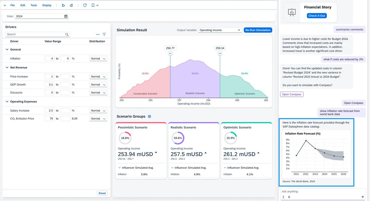 KirkDBorne's tweet image. .@SAP #SAPDataUnleashed

SAP Analytics Cloud Compass + #GenerativeAI with Joule copilot enables:
&amp;gt; RQ Risk Quantification (Monte Carlo in business-friendly interface for R/T risk analysis)
&amp;gt; No-code, no-math, plus easy comparisons, variances, and sensitivities to find major…