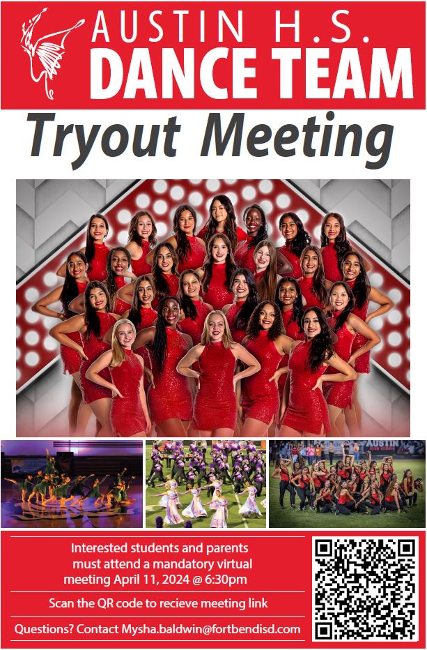 Are you interested in joining the award winning Austin Angels Dance Team? If so, please scan or click below to receive a link to our interest meeting. This meeting is mandatory for parents and student who wish to tryout. forms.office.com/r/vPiMaZdCus