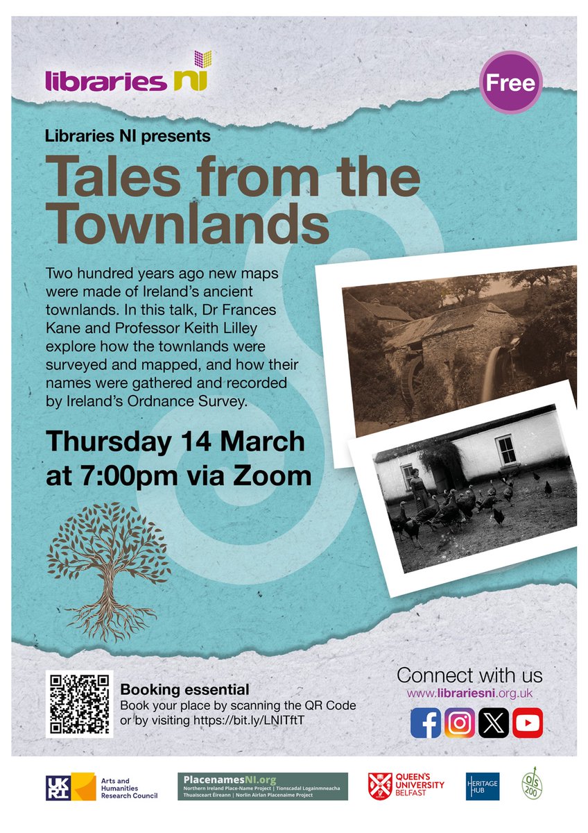 Join us for Tales from the Townlands via Zoom! Dr Francis Kane and Professor Keith Lilley will cover how the townlands were surveyed and mapped then recorded by Ireland's Ordnance Survey. Register now 👉 bit.ly/LNITftT