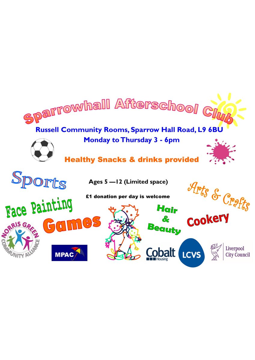 **FREE SPORTS EVENTS IN FAZAKERLEY AND SPARROW HALL**

✅ 7-12 years: Fazakerley Junior Club on Wed and Thurs from 3.30 - 5pm   

✅12-14 years: The Fazakerley Inbetweener Club, Tues from 3.30-5pm and Thurs, 5-6pm

✅ 5-12 years: Mon-Thurs, 3-6pm, Sparrowhall Afterschool Club