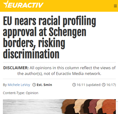 picum_ngo's tweet photo. Racial profiling, internal pushbacks, more surveillance. The revision of the Schengen Borders Code is turning Schengen into a space of violence and discrimination.
Our op-ed for @Euractiv https://t.co/wBXsCrPipf https://t.co/KDCxGrBYln