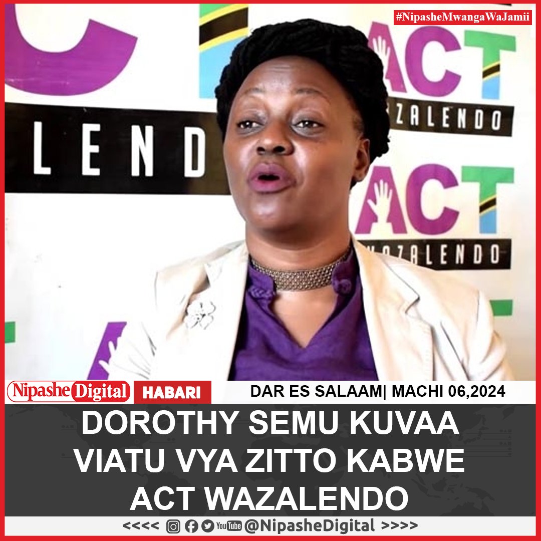 Nipashetz's tweet photo. #HabariMpya Dorothy Semu amechaguliwa kuwa Kiongozi wa Chama cha ACT-Wazalendo, akichukua nafasi ya Zitto Kabwe ambaye amemaliza muda wake wa uongozi kwa mujibu wa katiba ya chama.

Katika uchaguzi huo Semu ameshinda kwa kupata kura 534 sawa na asilimia 65.7 ya kura zote, huku mshindani wake, Mbarala Maharagande akipata kura 184 sawa na asilimia 34.

#NipasheMwangaWaJamii   #NipasheHabari