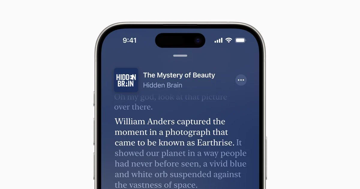 A live-view transcript of a podcast episode titled “The Mystery of Beauty” from the podcast “Hidden Brain” is shown in Apple Podcasts on iPhone 15 Pro.