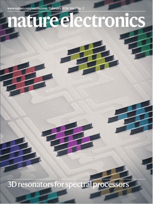Congrats to Dr. <a href="/TabrizianR/">Roozbeh Tabrizian</a>, Faysal Hakim, and Troy Tharpe on their recent feature on the cover of Nature Electronics! The cover image shows a monolithic array of 3D nano-fin acoustic filters, creating a configurable microwave spectral processor. More:  news.ufl.edu/2024/03/uf-dev…