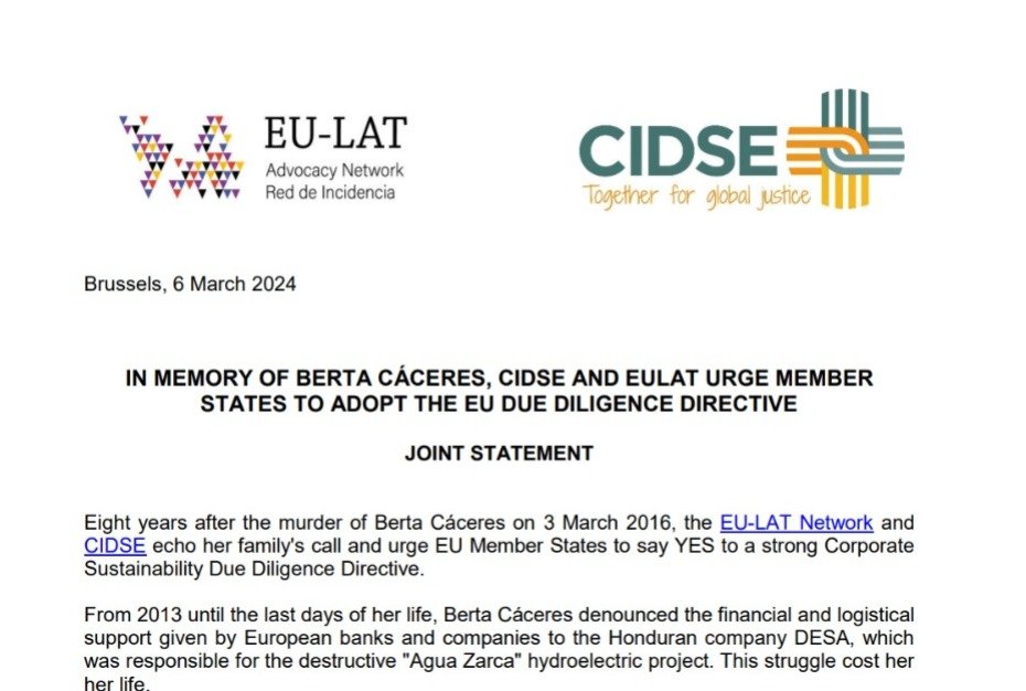 In memory of Berta Cáceres & ahead of this week's COREPER vote on the #CSDDD, we have joined forces with @CIDSE to echo Berta's family call. We urge EU Member States to say YES to a robust & effective Due Diligence Directive to stop corporate impunity! shorturl.at/bdmOS