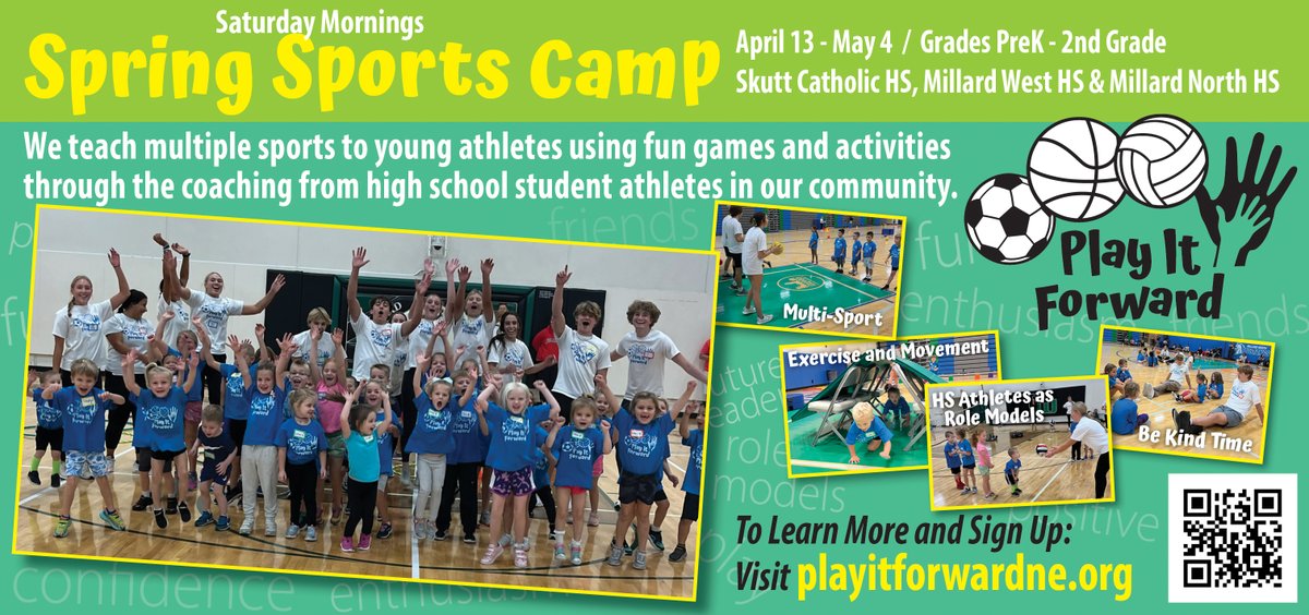 SPRING CAMP EARLY REGISTRATION NOW OPEN! Sign up today at PlayItForwardNE.org and save $15 April 13 - May 4 (Saturday Mornings from 9:30am-10:30am) PreK - 2nd Grade Locations: Millard West HS , Millard North HS & Skutt Catholic HS #playitforwardne #kidscoachingkids