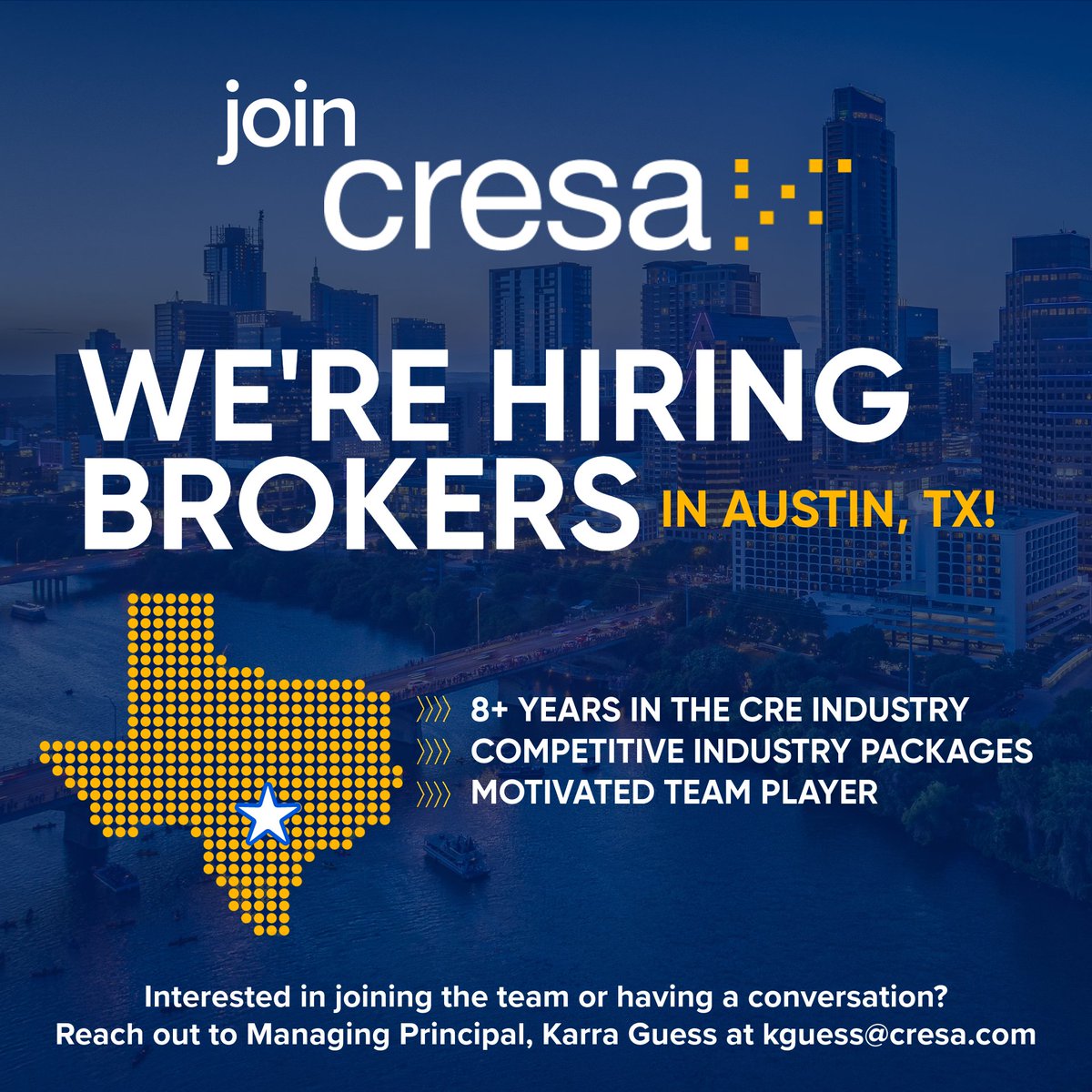 Join Cresa Austin! We are seeking experienced commercial real estate brokers passionate about empowering occupiers and shaping the future of workplace solutions. #hiring #commercialrealestate #atx