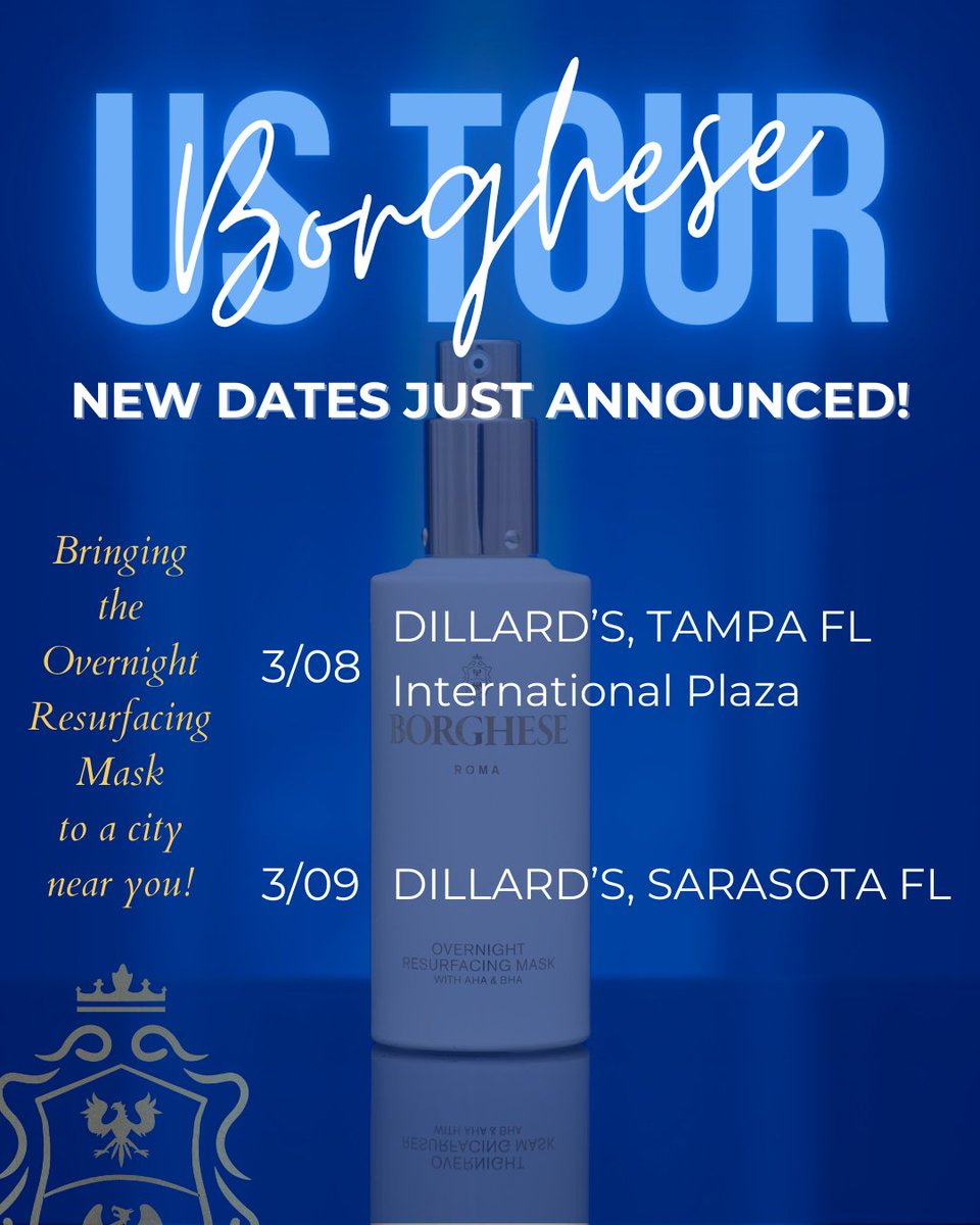 New tour dates just announced! Florida, Borghese is coming to a <a href="/Dillards/">Dillard's</a> near you!