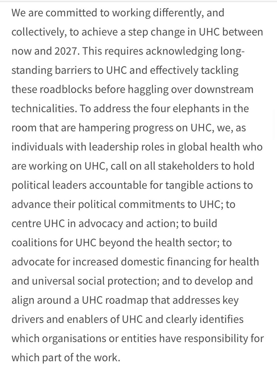 These 'elephants in the room' require us to work differently and collectively -- acknowledging long-standing barriers to UHC and tackling these before haggling over downstream technicalities. We call on all partners to do the same. UHC must not remain a mere aspiration.