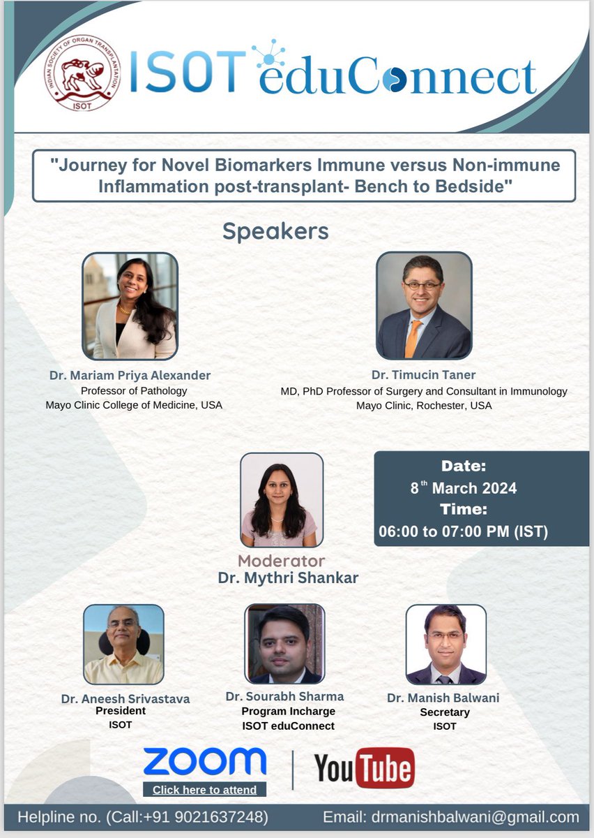 🔥Journey for Novel Biomarkers- Immune versus Non-immune Inflammation post-transplant-Bench to Bedside By @MPAlexanderMD & @timucin_taner 🔰Save the dates‼️ 📆 08 Mar 24 🕰️ 06:00 PM IST 🔗Zoom: us06web.zoom.us/j/%0A890379587… 🔗YouTube: youtube.com/%0A@isotindia/…