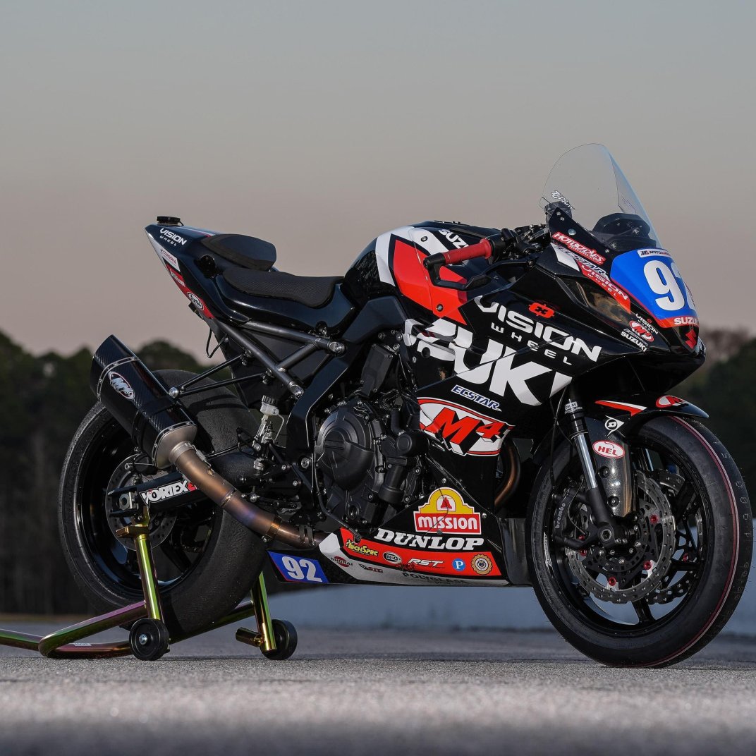 MotoAmerica's tweet photo. Keep your eyes on the lookout for No. 92 Rossi Moor's Vision Wheel M4 ECSTAR Suzuki on the track this week. 👀🔥

#MotoAmerica | #Suzuki | #BikeWeek 
@VisionWheelInc | #m4ecstar | @suzukicycles | @TeamHammerRR https://t.co/foDI7emtO4