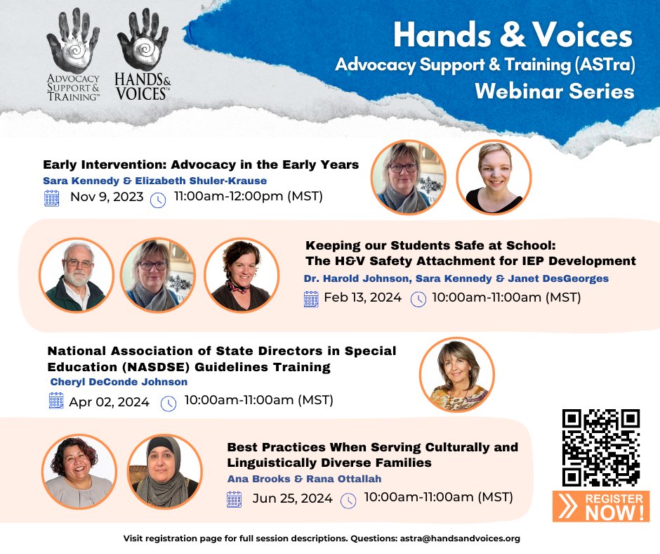 Hands & Voices Advocacy Support and Training (ASTra) Series

Next webinar in the series --->
National Association of State Directors in Special Education (NASDSE) Guidelines Training presented by Cheryl DeConde Johnson
April 2nd, 2024
10:00am-11:00am MST
handsandvoices.org/astra/webinars/