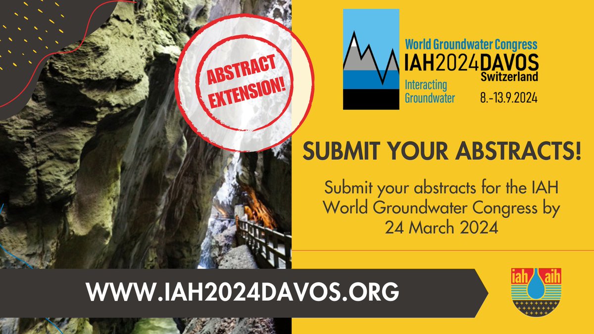 Abstract submission for the #IAH2024 World #Groundwater Congress in Davos has been EXTENDED to 24th March! More than 900 abstracts have been submitted so far, and you still have time to submit yours and contribute to the debate, via iah2024davos.org/submit.