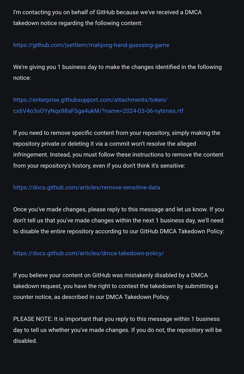 The <a href="/nytimes/">The New York Times</a> just issued a massively overreaching DMCA takedown notice against all forks of react-wordle, without regard for whether those forks are even word games anymore. 

Copyright was a mistake