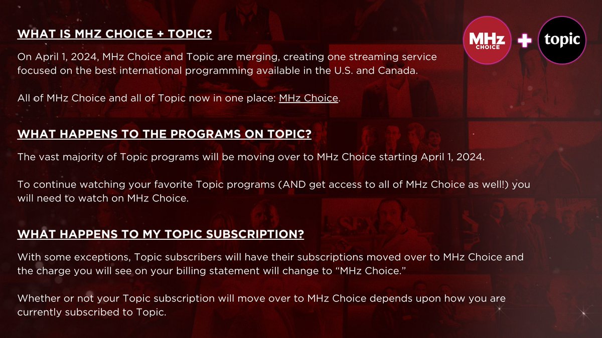 Topic is becoming MHz Choice in April 2024... but what does that mean? We answered your questions about the Topic series you love, your subscription, and more. Be sure to check out this help article for additional questions: buff.ly/49Z2pm6