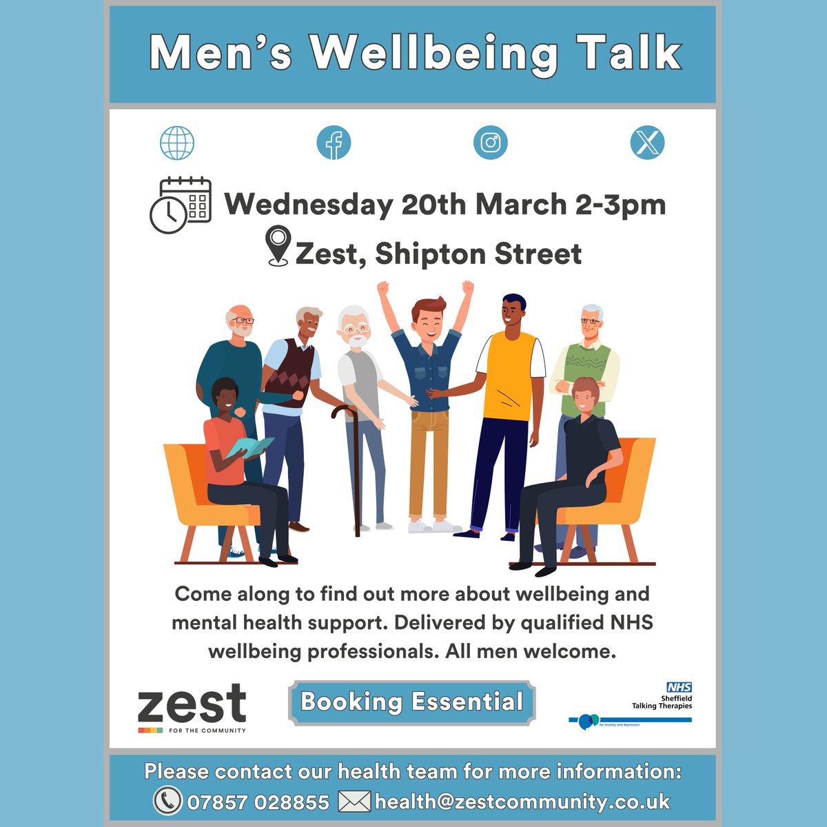 Calling all men to attend a wellbeing session Come to learn about ways to look after your wellbeing and find out more about Sheffield Talking Therapies. 📅 Wednesday 20th March ⏰2-3pm 📍 Zest, Shipton Street Booking essential: Contact our health team on📱 07857 028855