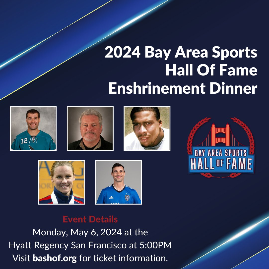 Join us on May 6th for the 2024 Bay Area Sports Hall of Fame Enshrinement Dinner. The class includes Patrick Marleau, Brian Sabean, John Taylor, Jenny Thompson, and Chris Wondolowski. More information and tickets at bit.ly/24BASHOF