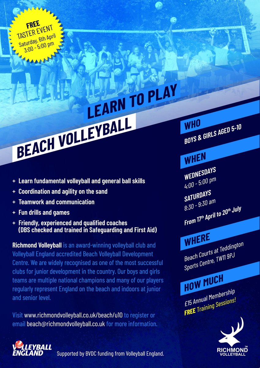 Richmond Volleyball (@rvb_london) on Twitter photo Kids aged 5-10: Looking to try a new sport? Learn to play beach volleyball at <a href="/TeddingtonSport/">Teddington Sports Centre</a> - join us for the free taster event on 6th April. Kids aged 5-10: Looking to try a new sport? Learn to play beach volleyball at <a href="/TeddingtonSport/">Teddington Sports Centre</a> - join us for the free taster event on 6th April.