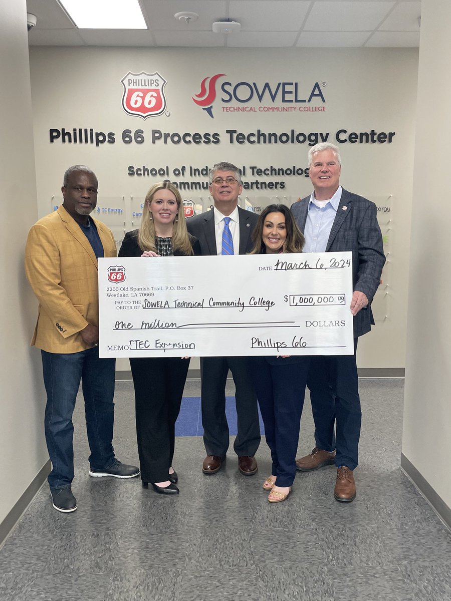 Thanks to our industry partner Phillips 66 for their $1M donation to help expand our Process Technology center. Your commitment helps SOWELA continue to build a skilled workforce for SWLA and the nation.