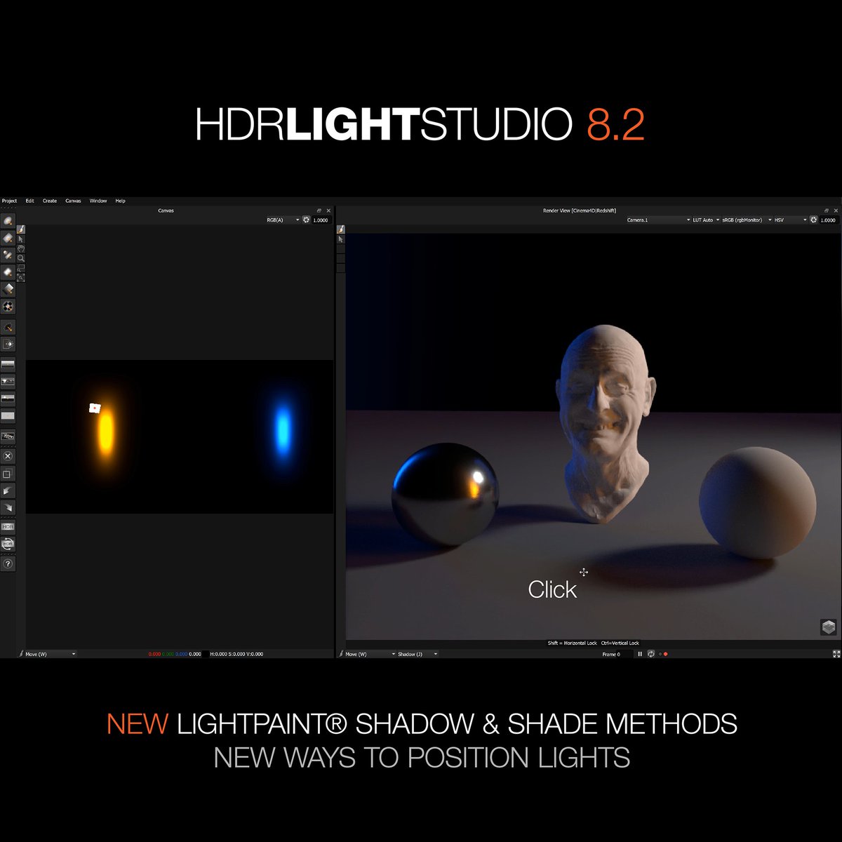 In HDR Light Studio 8.2 precise placement of Shadows & Shades is now possible with the new LightPaint methods. In Shadow mode, you click on the 3D scene to put the light's shadow where needed. In Shade mode, clicking lets you place the light to make shade on the chosen surface.