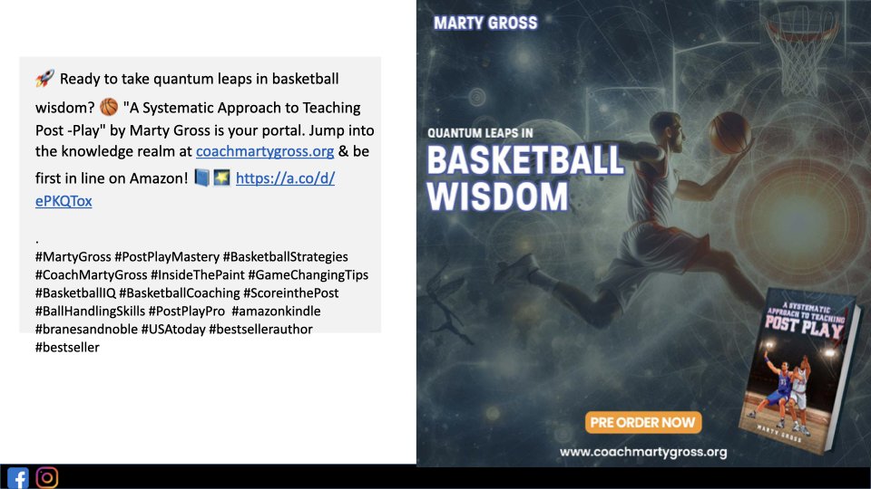 Are you prepared to make a giant leap in basketball knowledge? If you are, then check out my new book, "A Systematic Approach to Teaching Post Play". 
You can find it at coachmartygross.org as well as a sample reading on Amazon, Barnes and Noble, Lulu, Apple Read, and Google