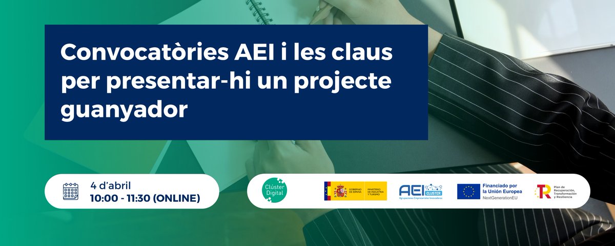 Cluster_Digital's tweet photo. 🧐 Saps en què consisteixen les ajudes a les #AEI? T'agradaria presentar-hi un projecte?
Inscriu-te en aquest acte online i et donarem les claus per presentar-hi una proposta guanyadora. 🏆

+ info i inscripcions👉🏼🔗https://t.co/dQM6aA2LxK https://t.co/qzcLK7QJz4