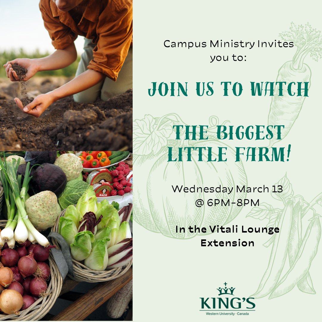 Join us for a viewing of 'The Biggest Little Farm', on March 13 in the Vitali Lounge Extension at 6PM, a compelling documentary about regenerative soil practices through organic farming.