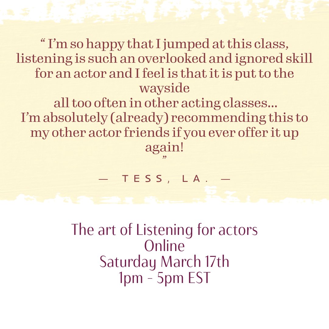 The last Listening class until fall. Sign up to add an tool to understanding character &amp; apply it to all your castings.

Learn about &amp; practice different kinds of listenING and listenER, in this fun, low prep, and high delivering class!

See linktr.ee in bio to book
