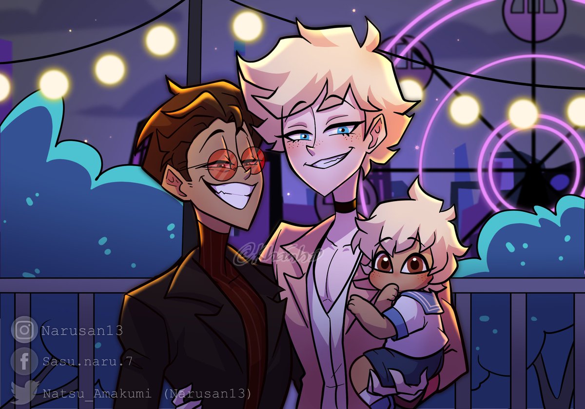 Family picture 👨‍👨‍👦
--
I love to think that they usually sneak up to the living world and live like a normal family sometimes 🤗 Alastor can take picture since they are not "Vox's tech" 😆
--
#myart #RadioDust #Alastor #AngelDust #hazbinhotel #hazbinhoteloc #bonbon