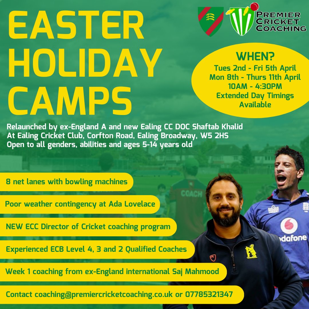 Easter Holiday Camps 🏏 To sign up, follow the registration link at premiercricketcoaching.co.uk For more information, contact coaching@premiercricketcoaching.co.uk or call 07785321147 #EalingCC #OneClub #OneEaling #PremierCricketCoaching #JuniorCricket #EasterCamps