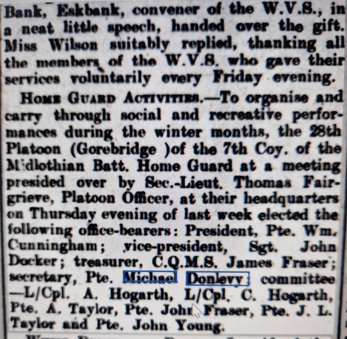 Researching the Home Guard in Midlothian came across this entry, which mentions my Grandad Pte Michael Donlevy,  28 Platoon (Gorebridge), 7th Company, Midlothian Battalion.