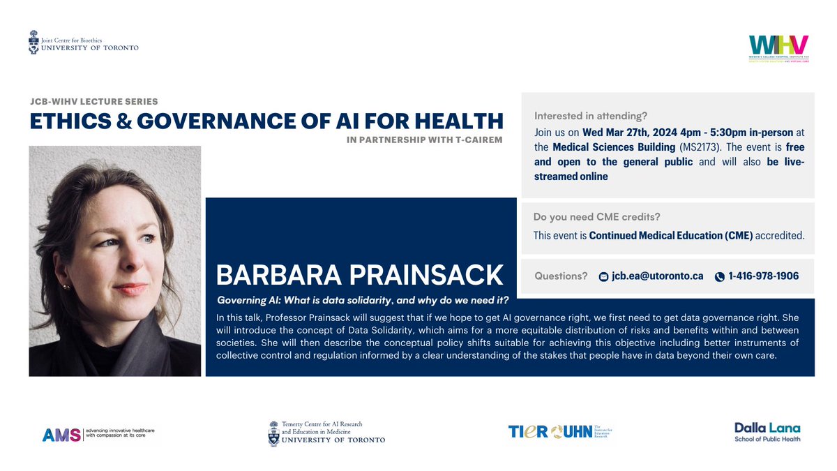 📢Don't miss the next JCB-WHIV lecture on 'Ethics, Uncertainty, & AI in Medicine' ft. Prof @BPrainsack on Mar 27 4pm. This CME-accredited event is in collaboration with WIHV, @uhn, @UofT_TCAIREM & @amshealthcare. Online/in-person tickets are now live: ➡️bit.ly/3OLiq6S⬅️