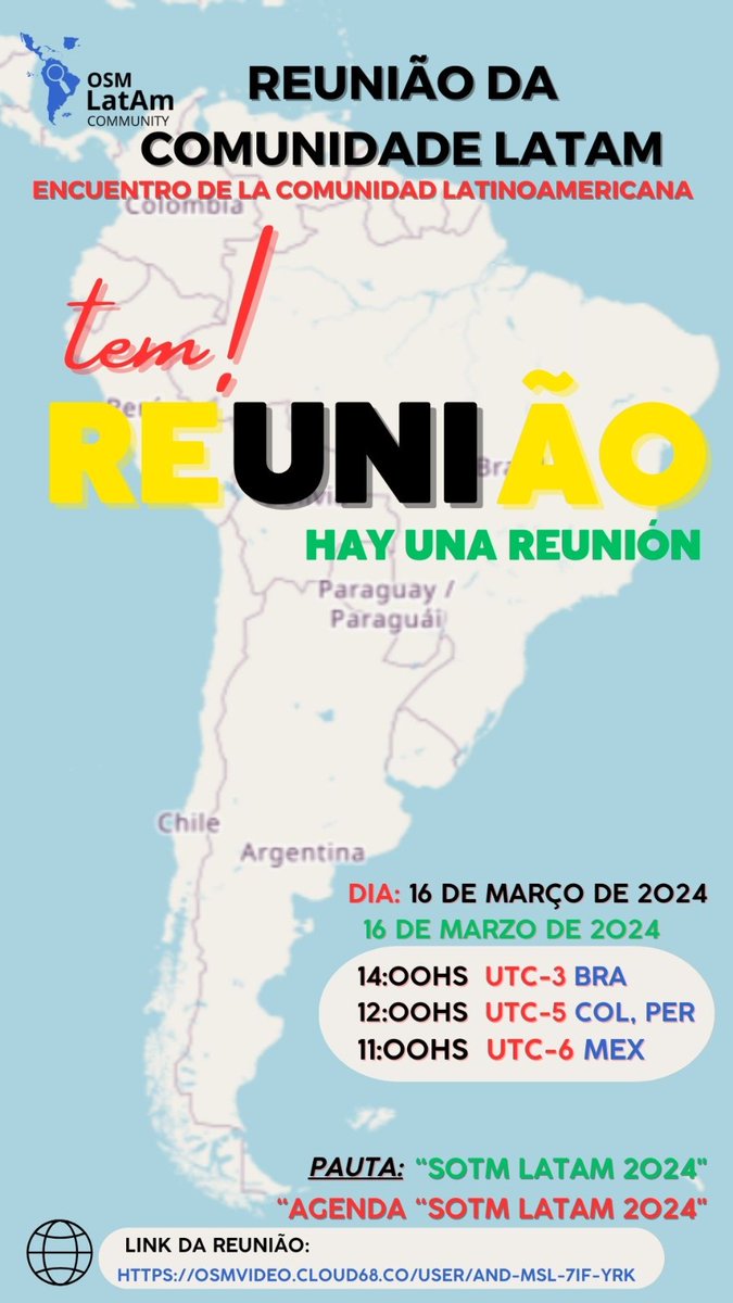La comunidad brasileña de OpenStreetMap convoca a la comunidad latinoamericana de OSM a una reunion el sábado 16 de marzo al mediodía para informar sobre la posibilidad de realizar un SOTM LATAM 2024 en Belén, Brasil en el mes de diciembre. Mas info en:
wiki.openstreetmap.org/wiki/ES:LatAm/…