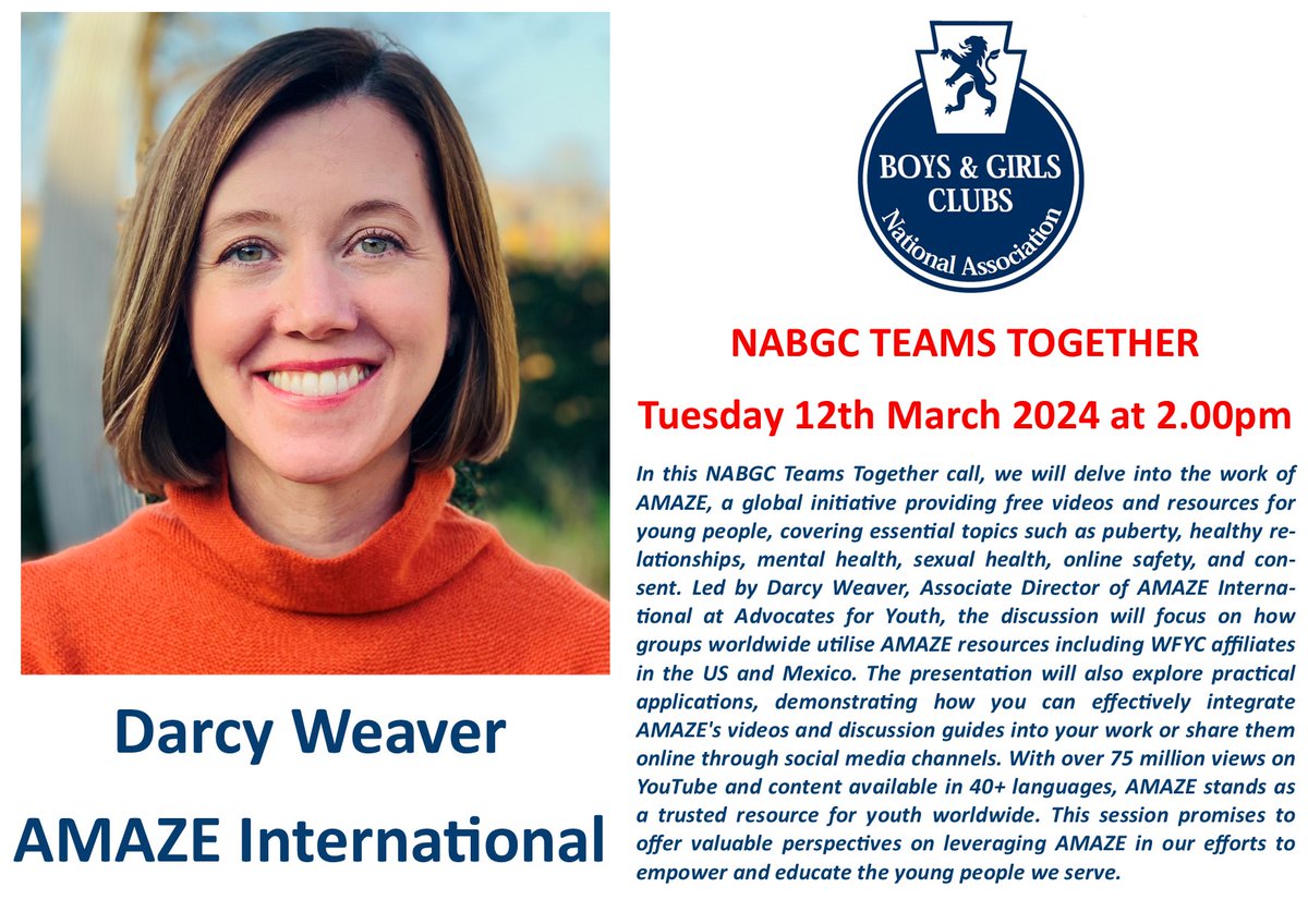 We're looking forward to our next NABGC #TeamsTogether call next Tuesday 12th March when welcome Darcy Weaver from Amaze International.