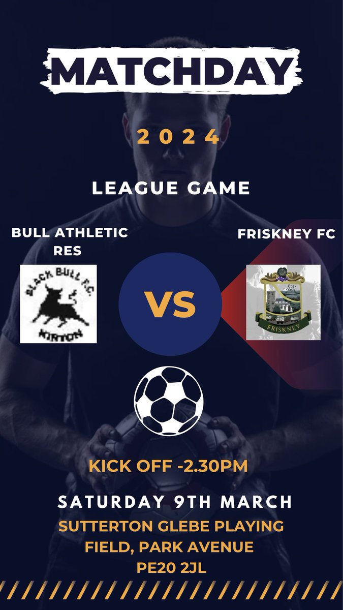 Away from home this Saturday (9th) as we travel to Bull Athletic FC Reserves in League action. 

🗓️ Saturday 9th March 2024 
🆚 Bull Athletic FC Reserves 
🏟️ Sutterton Glebe Playing Field - PE20 2JL
🕝 Kick off - 2.30pm 
🏆 League Match
👨‍👩‍👧‍👦 Supporters welcome