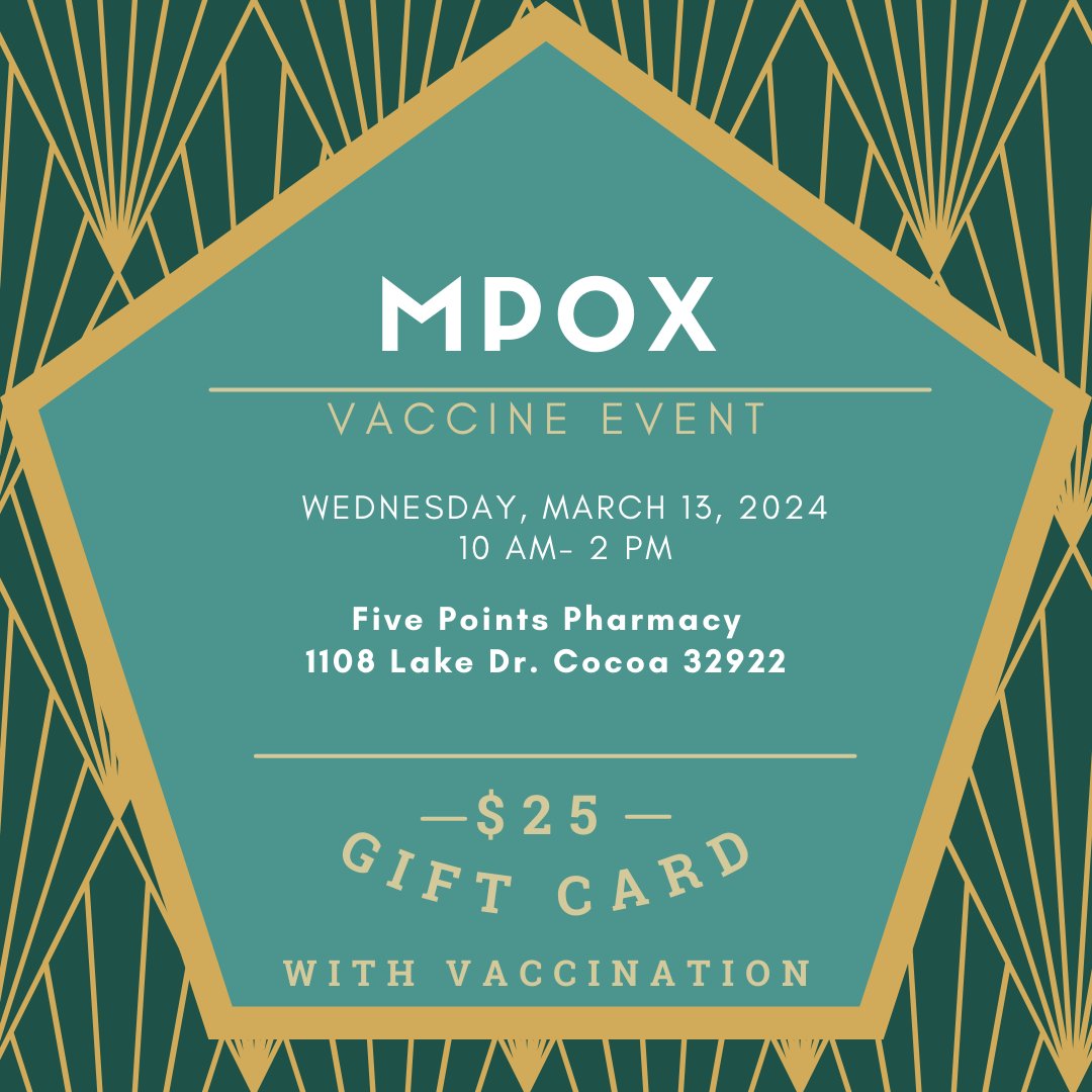 Uncondi81938022's tweet image. MPOX Event coming your way NEXT WEEK on March 13th! Get ready for us at Five Points Pharmacy from 10am to 2pm. Mark your calendars and spread the word! See you there!
#MPOXEvent #BrevardFL #cocoaFL #Mpox #Mpoxvaccine #mpoxawareness #UnconditionalLoveIncFL
#artdecostyle
